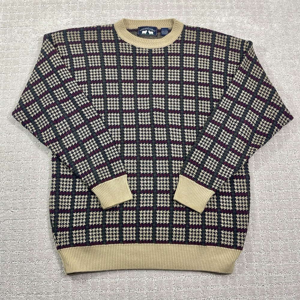 Vintage 90s Woods & Gray Checkered Size XL Geometric Square Knit‎ Sweater